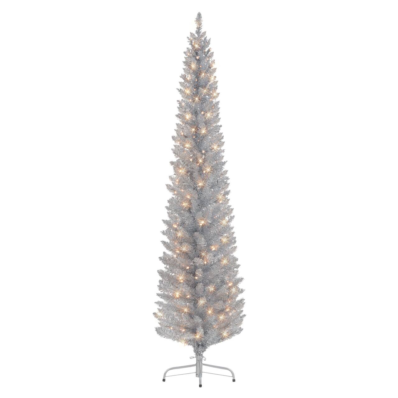 7ft. Pre-Lit Silver Tinsel Artificial Christmas Tree, Clear Lights